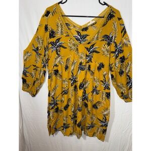 Rebellion again‎ gold Floral Pineapple Print Crochet Trim 3/4 Sleeve Mini Dress
